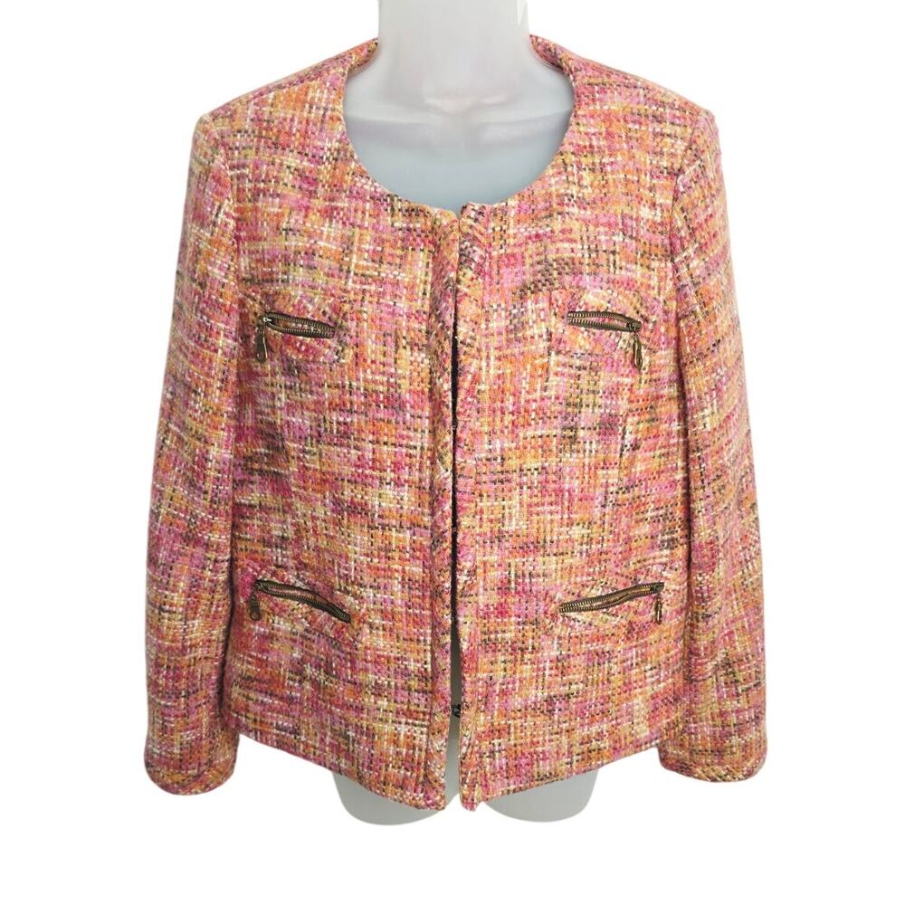 Madison Women's Tweed Jacket Blazer Size 14 Pink Orange Boucle 4 Pocket